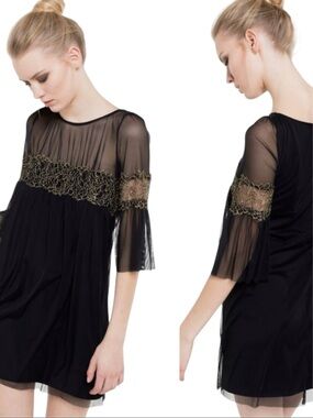 PATRIZIA PEPE SERA Gold Lace Chiffon Dress Bell Sleeve Whimsigoth Cocktail Small